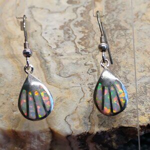 Native Navajo Signed AK Sterling Silver Inlay Opal Dangle Earrings Colorful Irid